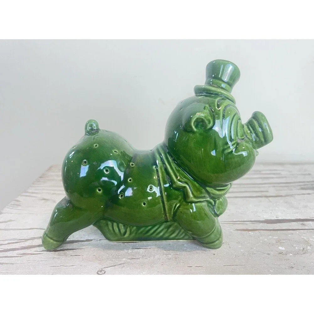Vintage Rare MCM Green Glazed Piggy Toothpick Appetizer Stick Pin Holder Figure